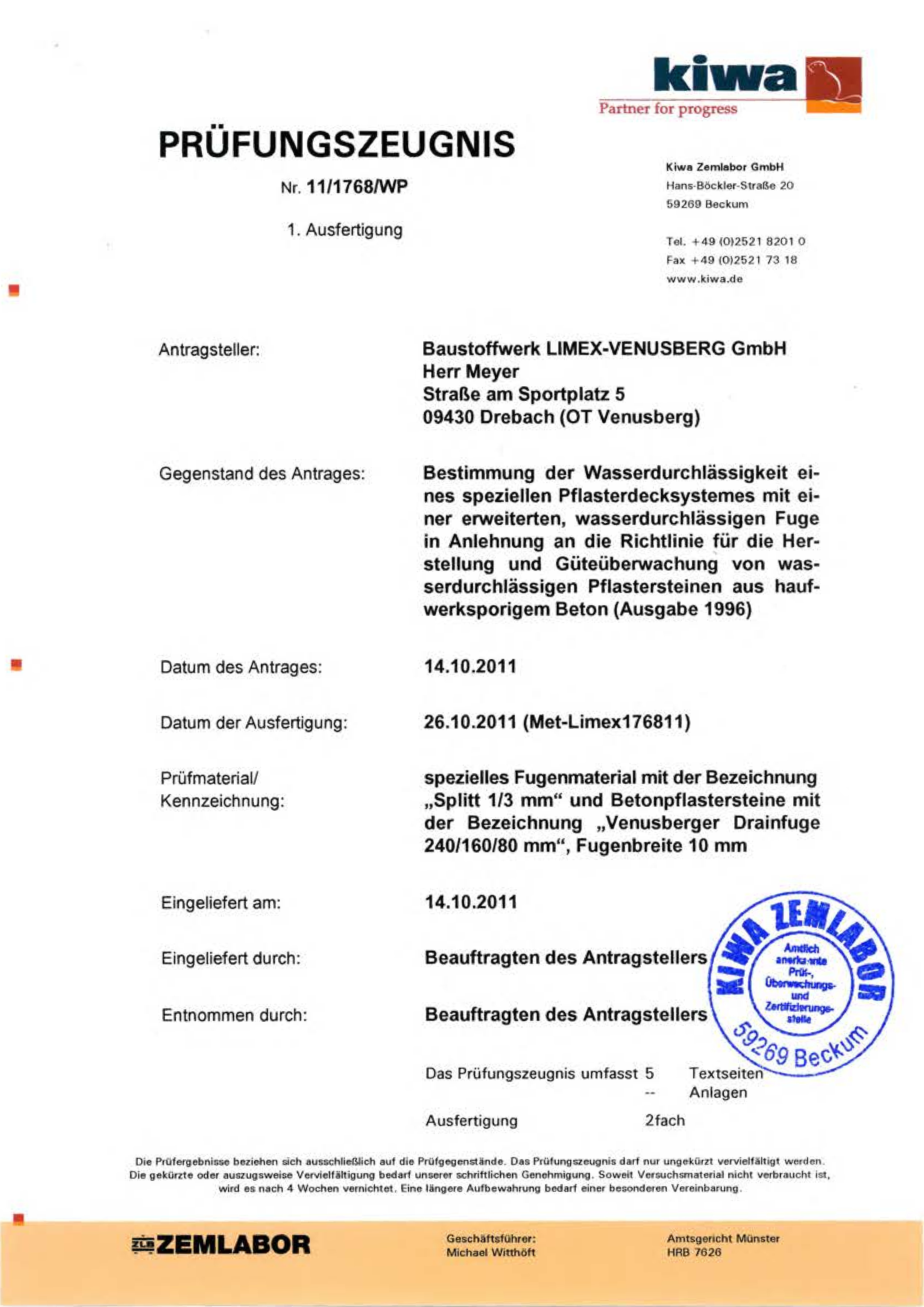 LIMEX Infocenter Pruefzeugnis 11 1768 WP Venusberger Drainfugenpflaster pdf