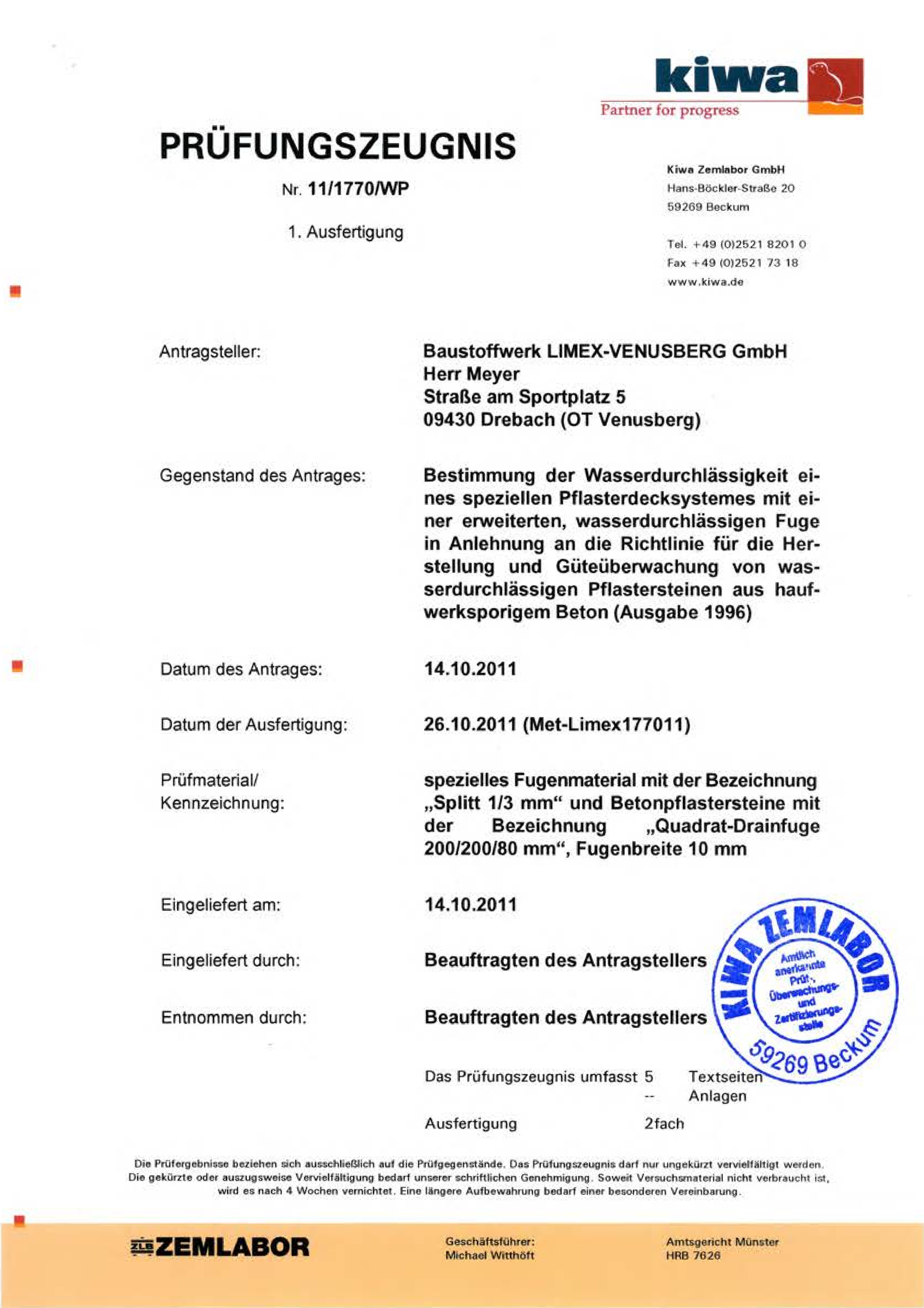 LIMEX Infocenter Pruefzeugnis 11 1770 WP Quadrat Drainfugenpflaster pdf