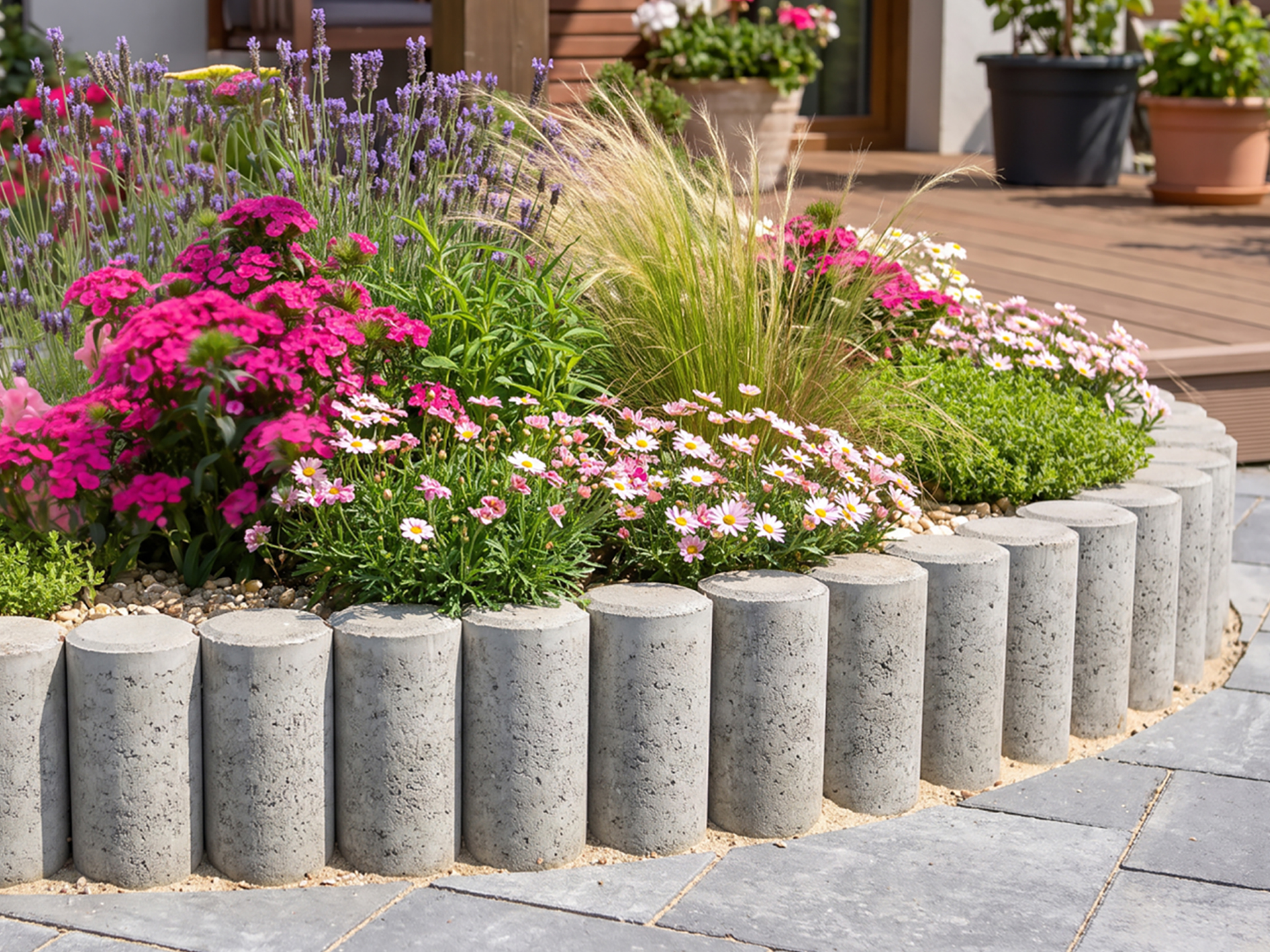 Rundpalisaden aus Beton als Beeteinfassung mit blühenden Sommerblumen und Pflastersteinbelag im Hintergrund